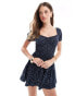 Bershka milkmaid puff sleeve mini dress in navy & white floral