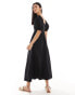 New Look shirred broderie detail linen blend dress in black