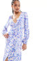 Vila v neck maxi dress with balloon sleeves in blue blurred spot print