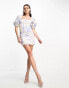 Day 6 puff sleeve square neck structured mini dress in blurred lilac floral