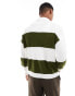 ASOS DESIGN knitted boxy relaxed fit rugby striped jumper in khaki and white