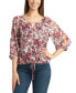 Juniors' Printed Keyhole Sheer Clip-Dot Blouse