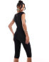 Kaiia slinky scoop neck rose detail cap sleeve capri unitard in black