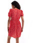 Monki mini dress with puff sleeves and tie front in red ditsy print