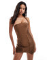 ASOS DESIGN square neck halter bandage mini dress with draped fringe panels in chocolate