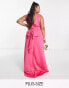 TFNC Plus Bridesmaid bow back maxi dress in fuchsia pink