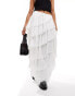 Miss Selfridge textured asym tiered frayed edge maxi skirt in white