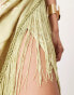 ASOS EDITION embroidered drape bandeau midi dress with fringe in olive