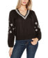 Black Label Women’s Embroidered Blouson Sleeve V-Neck Blouse Top