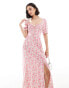 ASOS DESIGN ruched bust midi tee dress with split in red & pink rose ditsy print