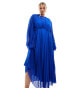 ASOS DESIGN Curve tie back fluted sleeve pleated chevron chiffon midi dress in cobalt