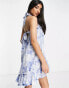 Influence tie shoulder beach dress in blue and white print