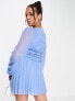 ASOS DESIGN Tall button through ruched waist pleated mini dress in metallic dobby in cornflower blue